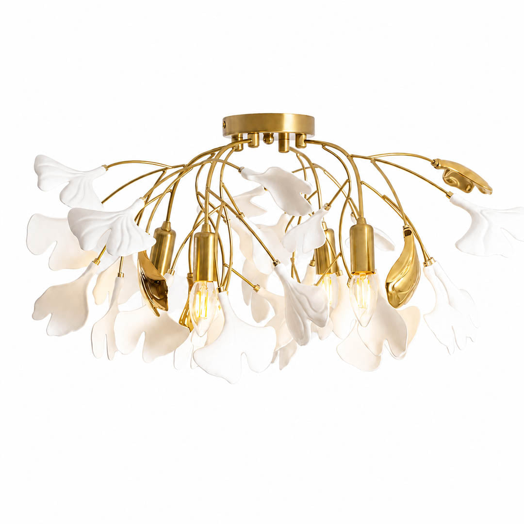 Astra ginkgo ceramic leaf ceiling lamp large 20.5 inch handcrafted porcelain ginkgo leaves gold branches 4 G9 sockets semi flush mount mid century art deco statement dining living room white background