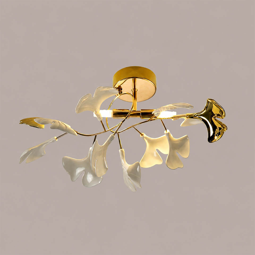 Astra ginkgo ceramic leaf ceiling lamp small 14.2 inch handcrafted porcelain ginkgo leaves gold branches 2 G9 sockets semi flush mount mid century art deco bedroom foyer white background