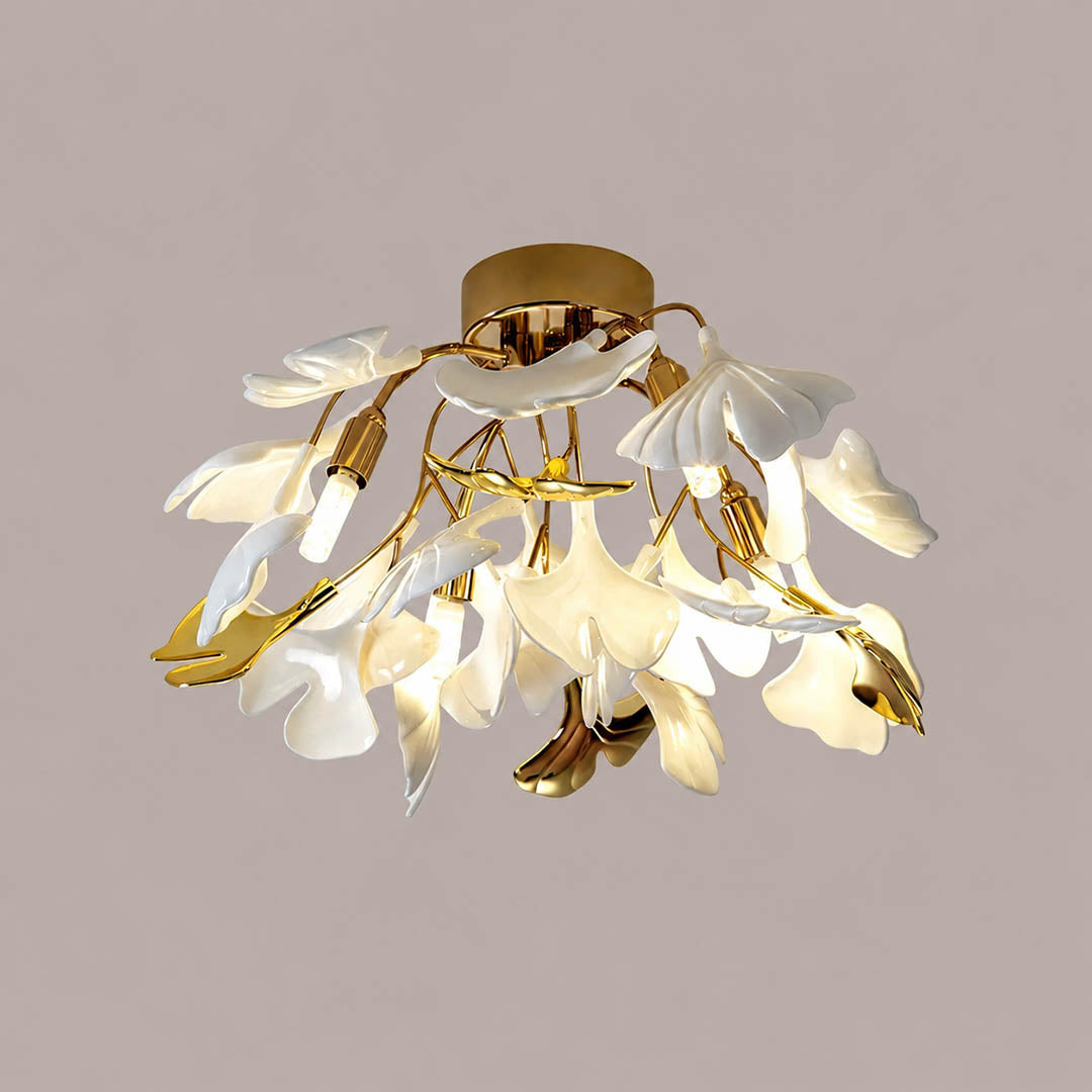 Astra ginkgo ceramic leaf ceiling lamp medium 16.5 inch handcrafted porcelain ginkgo leaves gold branches 4 G9 sockets semi flush mount mid century art deco bedroom dining white background