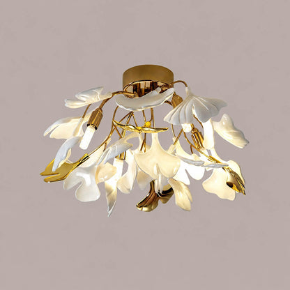 Astra ginkgo ceramic leaf ceiling lamp medium 16.5 inch handcrafted porcelain ginkgo leaves gold branches 4 G9 sockets semi flush mount mid century art deco bedroom dining white background