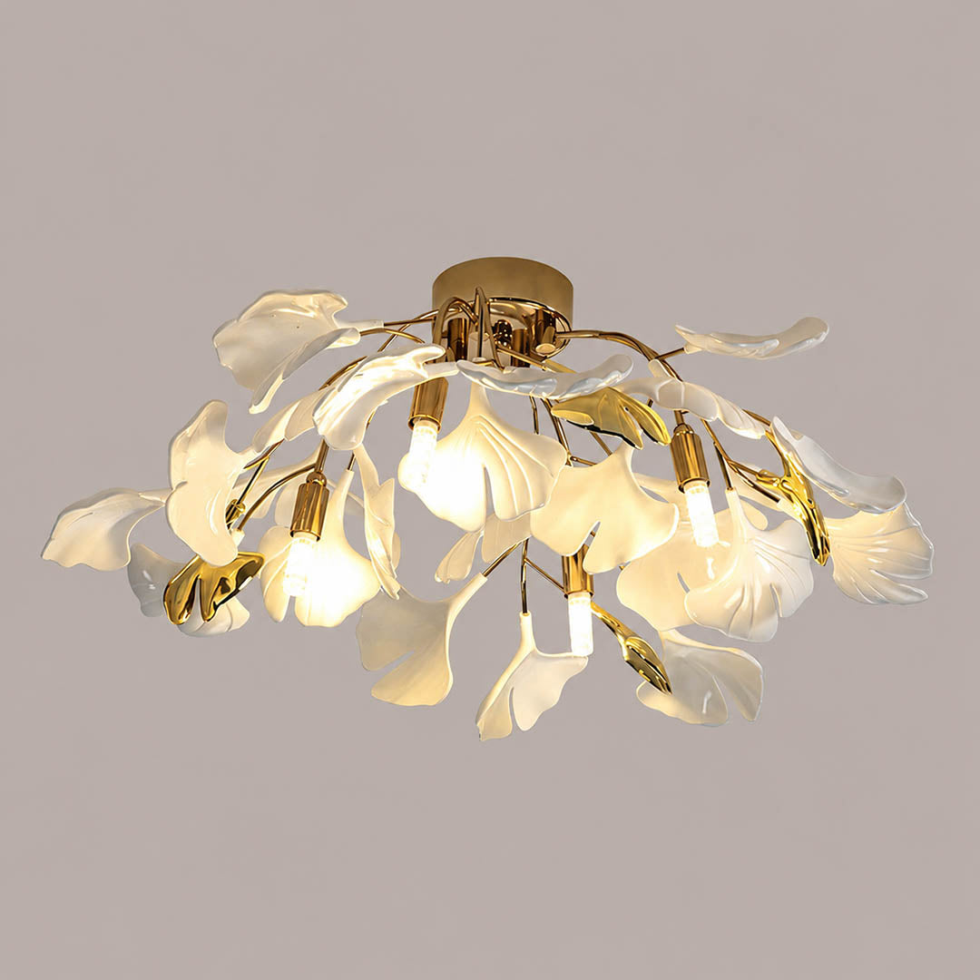 Astra ginkgo ceramic leaf ceiling lamp large 20.5 inch handcrafted porcelain ginkgo leaves gold branches 4 G9 sockets semi flush mount mid century art deco statement dining living room white background