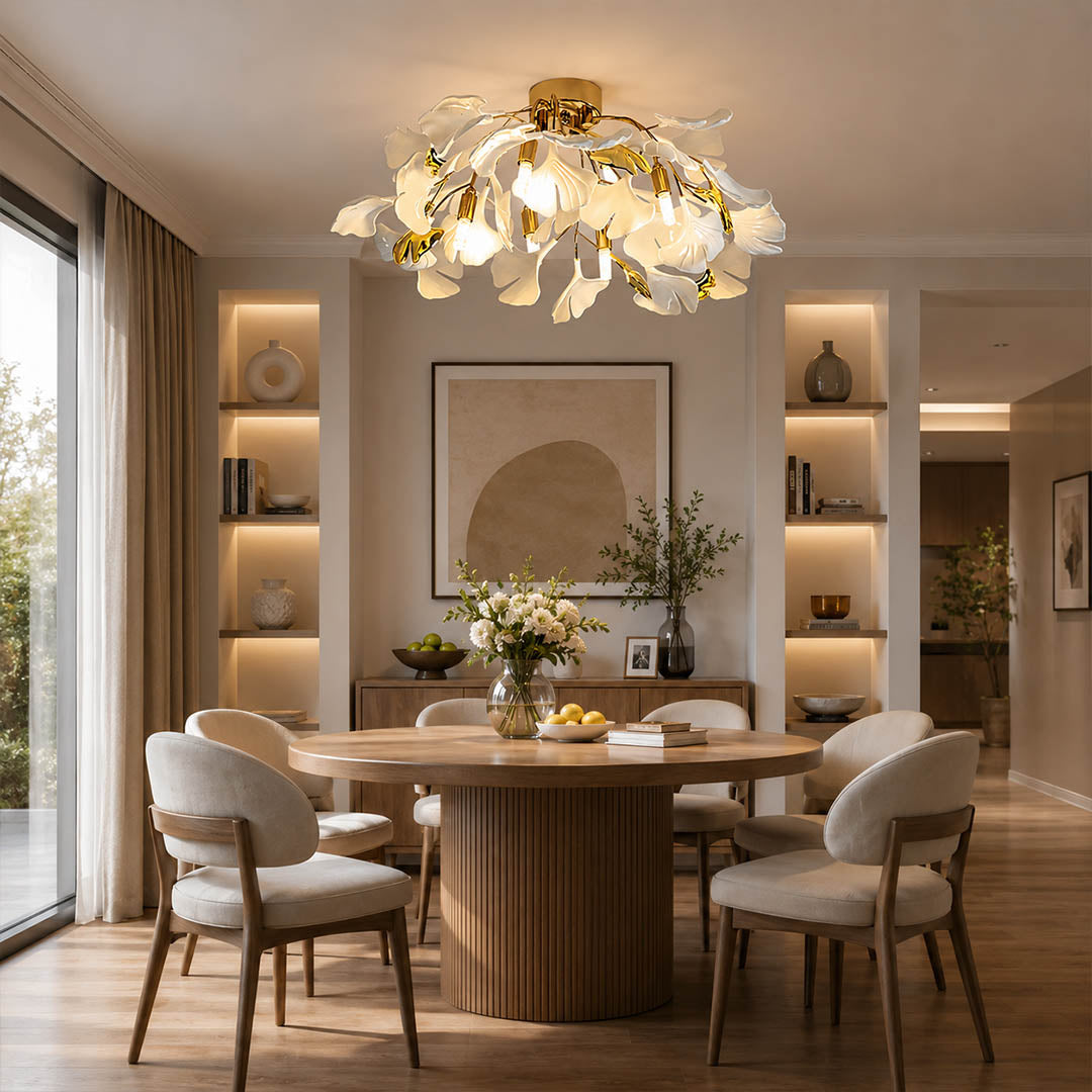 Astra medium 16.5 inch ginkgo ceramic leaf ceiling lamp mid century modern dining room 6 seat walnut table warm ambient statement botanical elegant lifestyle interior