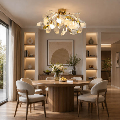 Astra medium 16.5 inch ginkgo ceramic leaf ceiling lamp mid century modern dining room 6 seat walnut table warm ambient statement botanical elegant lifestyle interior