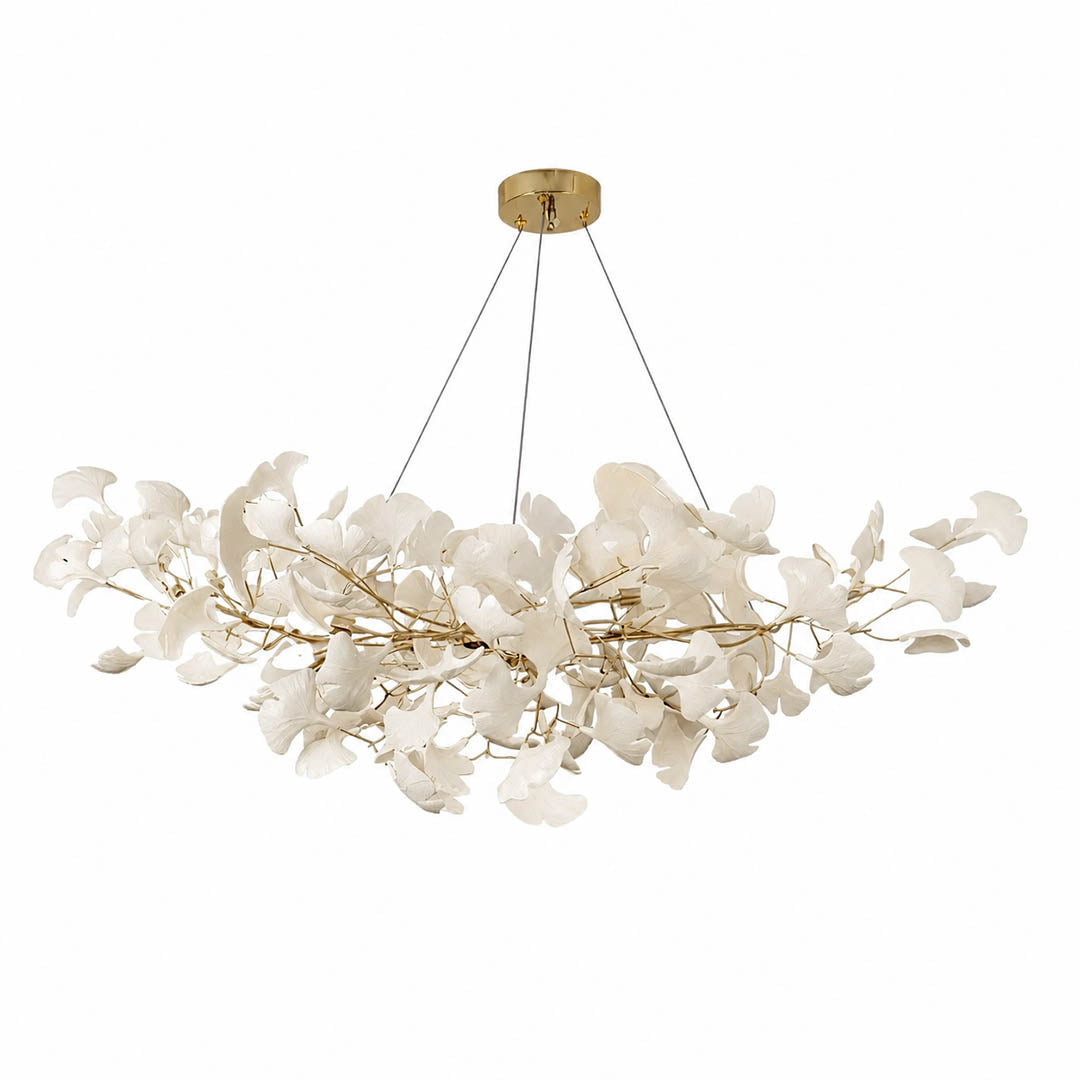 Gingko Chandelier Style A Model A handcrafted porcelain light sculpture 39.3 inch rectangular volume ceramic ginkgo leaves Rose Gold frame 8 G9 sockets modern residential dining kitchen sculptural statement white background
