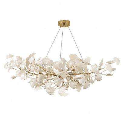 Gingko Chandelier Style A Model A handcrafted porcelain light sculpture 39.3 inch rectangular volume ceramic ginkgo leaves Rose Gold frame 8 G9 sockets modern residential dining kitchen sculptural statement white background