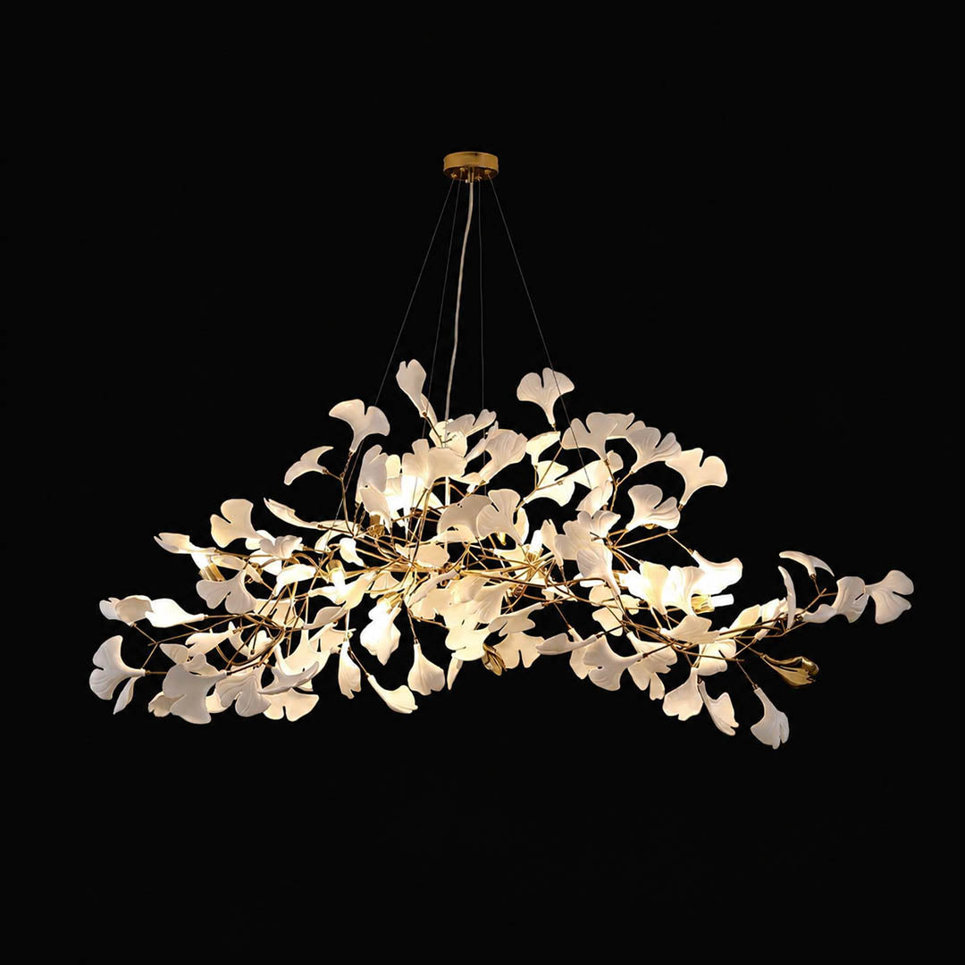 Gingko Chandelier Style A flagship 70.9 inch rectangular volume dimensional three dimensional sculptural presence porcelain ceramic ginkgo leaves detail close up commercial hospitality register