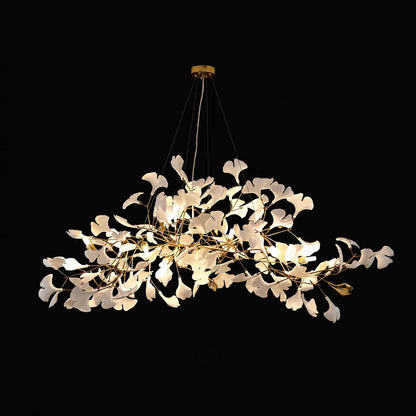 Gingko Chandelier Style A flagship 70.9 inch rectangular volume dimensional three dimensional sculptural presence porcelain ceramic ginkgo leaves detail close up commercial hospitality register