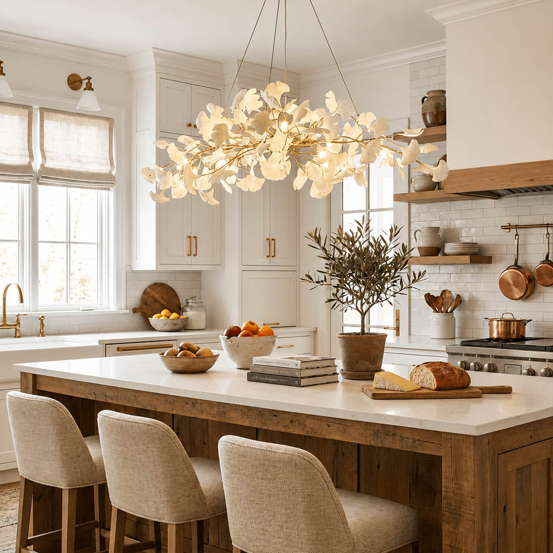 Gingko Chandelier Style A Model A rectangular volume 47.2 inch modern kitchen island marble counter statement mid century warm ambient sculptural botanical lifestyle interior
