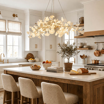 Gingko Chandelier Style A Model A rectangular volume 47.2 inch modern kitchen island marble counter statement mid century warm ambient sculptural botanical lifestyle interior