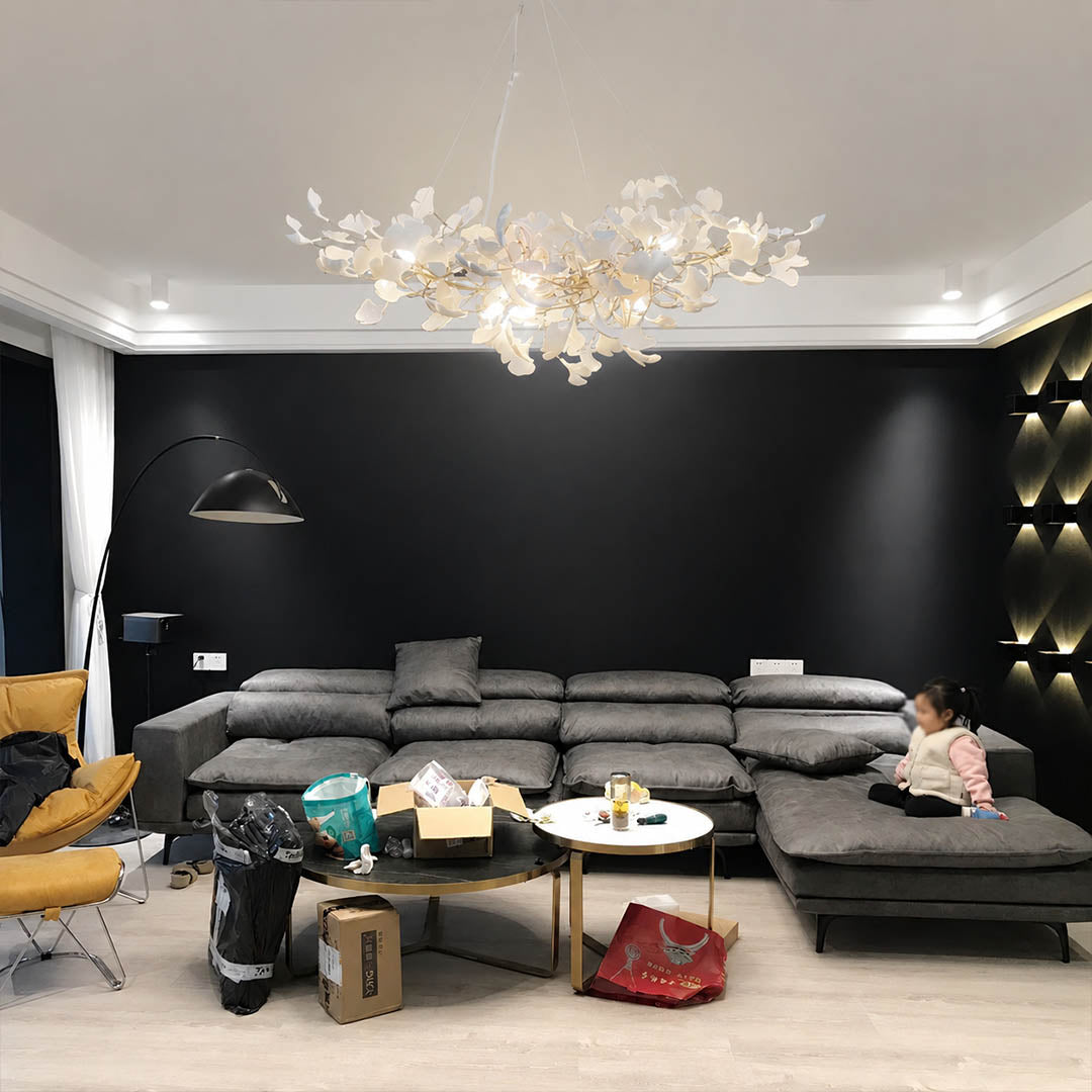Gingko Chandelier Style A Model A rectangular volume 59 inch modern dining room 10 seat walnut table statement mid century warm ambient sculptural elegant botanical lifestyle interior