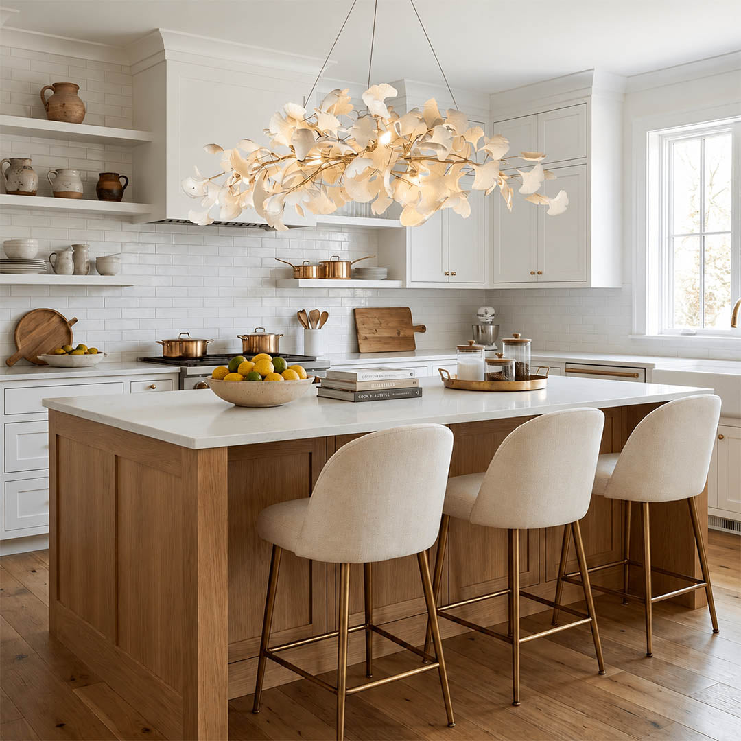 Gingko Chandelier Style A Model A rectangular volume 47.2 inch modern kitchen island marble counter statement mid century warm ambient sculptural botanical lifestyle interior
