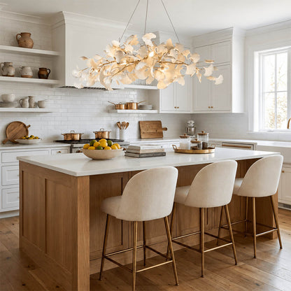 Gingko Chandelier Style A Model A rectangular volume 47.2 inch modern kitchen island marble counter statement mid century warm ambient sculptural botanical lifestyle interior