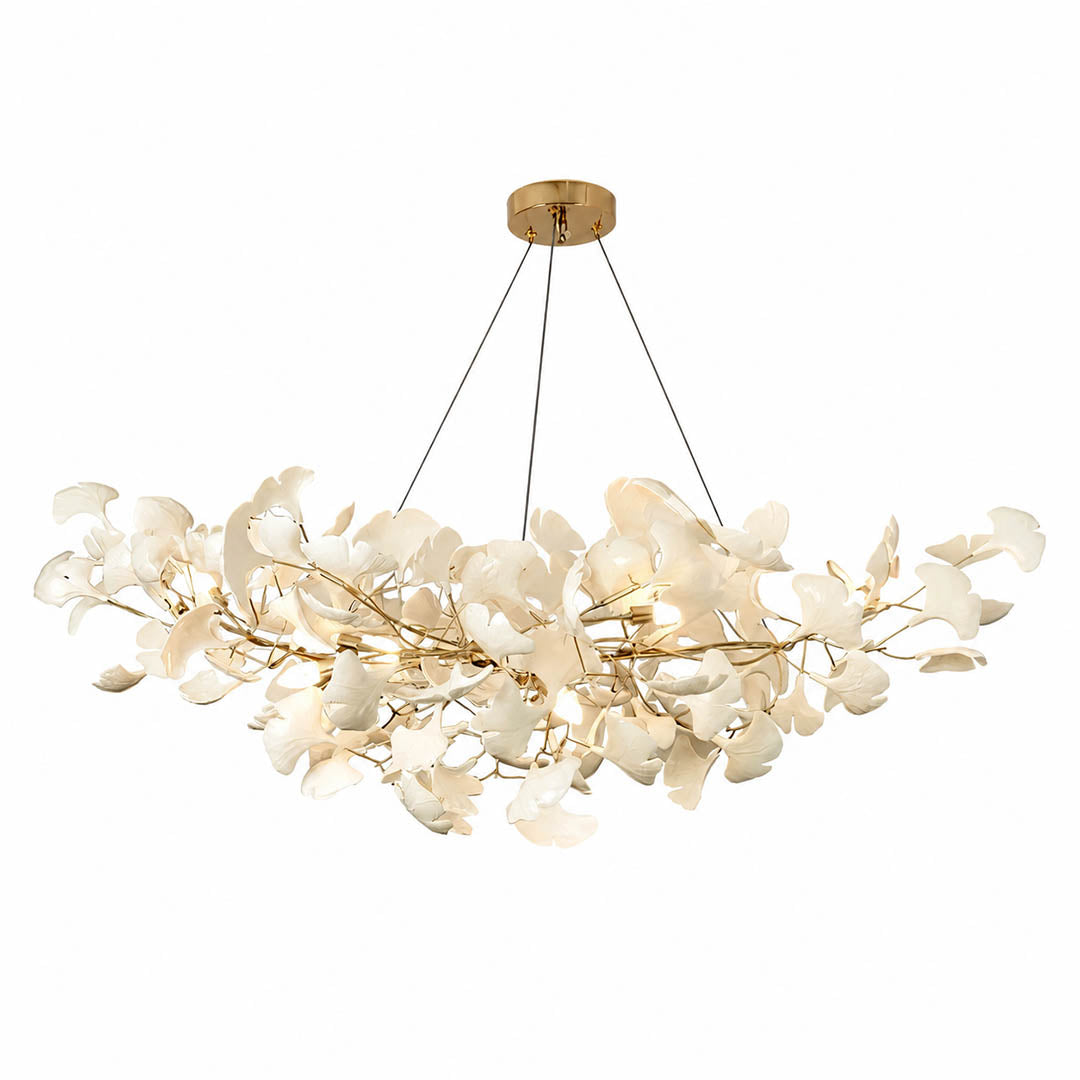 Gingko Chandelier Style A Model A handcrafted porcelain light sculpture 70.9 inch flagship rectangular volume ceramic ginkgo leaves Rose Gold frame 15 G9 sockets modern grand statement dining commercial hospitality sculptural white background