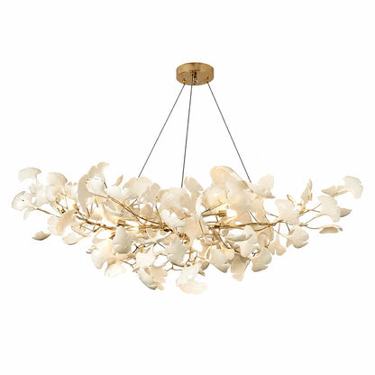 Gingko Chandelier Style A Model A handcrafted porcelain light sculpture 70.9 inch flagship rectangular volume ceramic ginkgo leaves Rose Gold frame 15 G9 sockets modern grand statement dining commercial hospitality sculptural white background