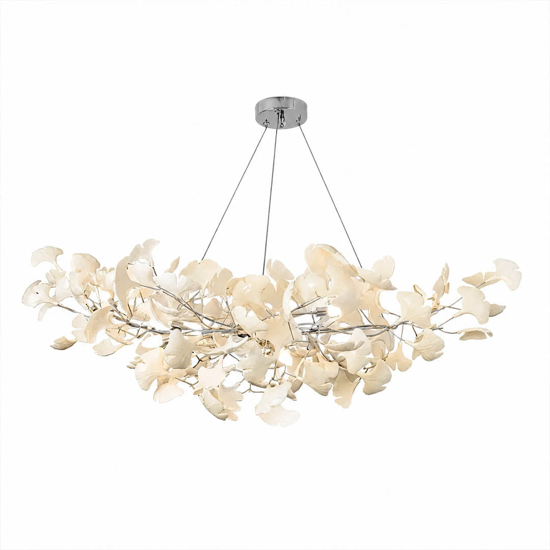 Gingko Chandelier Style A Model A handcrafted porcelain light sculpture 59 inch rectangular volume ceramic ginkgo leaves Rose Gold frame 12 G9 sockets modern statement grand dining kitchen sculptural white background