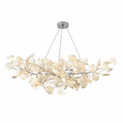 Gingko Chandelier Style A Model A handcrafted porcelain light sculpture 59 inch rectangular volume ceramic ginkgo leaves Rose Gold frame 12 G9 sockets modern statement grand dining kitchen sculptural white background