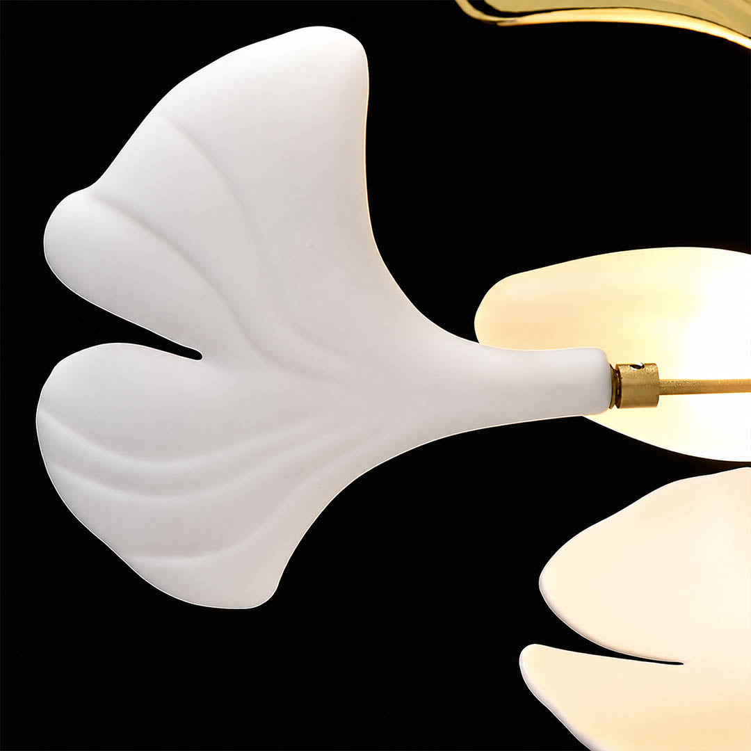 Gingko Chandelier Style A single ceramic hand glazed porcelain ginkgo leaf matte white botanical detail close up craftsmanship handcraft sculpture