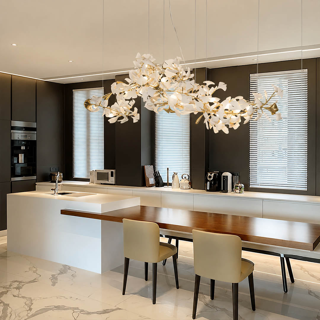 Gingko Chandelier Style A Model A rectangular volume 47.2 inch modern kitchen island marble counter statement mid century warm ambient sculptural botanical lifestyle interior