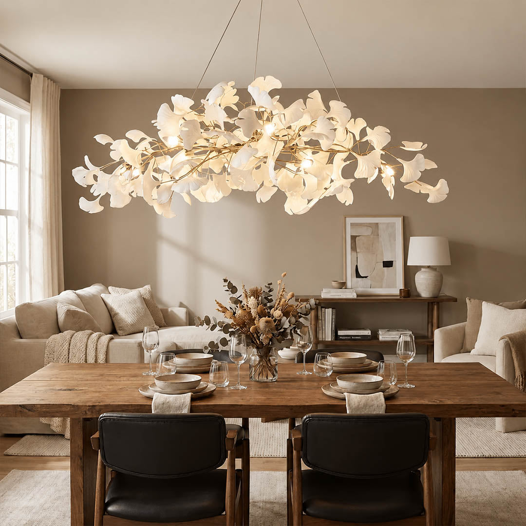 Gingko Chandelier Style A Model A rectangular volume 59 inch modern dining room 10 seat walnut table statement mid century warm ambient sculptural elegant botanical lifestyle interior