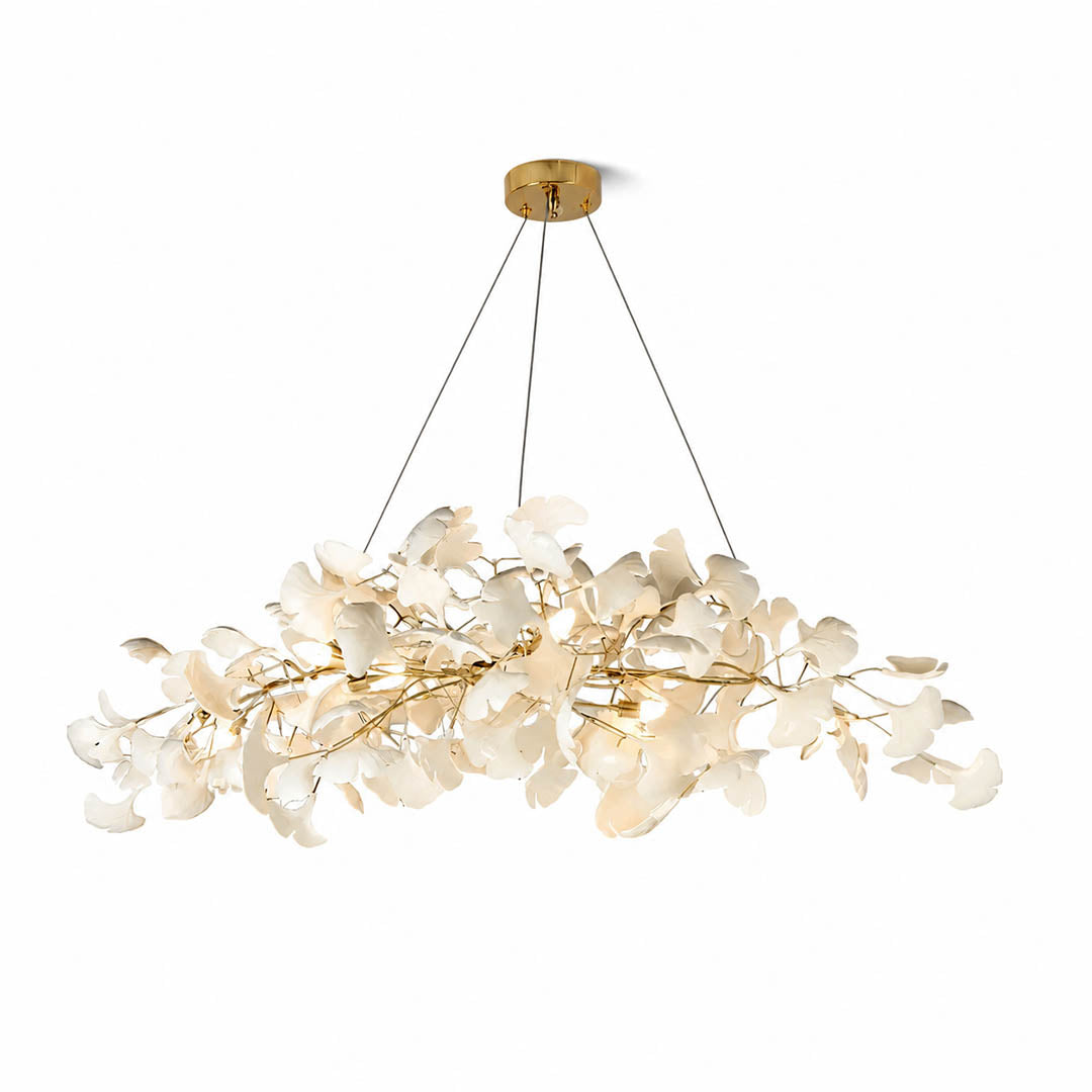 Gingko Chandelier Style A Model B alternative arrangement handcrafted porcelain light sculpture 70.9 inch flagship rectangular volume ceramic ginkgo leaves Rose Gold frame 15 G9 sockets modern grand statement dining commercial hospitality sculptural white background