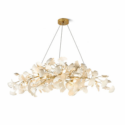 Gingko Chandelier Style A Model B alternative arrangement handcrafted porcelain light sculpture 70.9 inch flagship rectangular volume ceramic ginkgo leaves Rose Gold frame 15 G9 sockets modern grand statement dining commercial hospitality sculptural white background