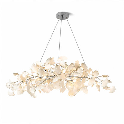 Gingko Chandelier Style A Model B alternative arrangement handcrafted porcelain light sculpture 59 inch rectangular volume ceramic ginkgo leaves Rose Gold frame 12 G9 sockets modern statement grand dining kitchen sculptural white background