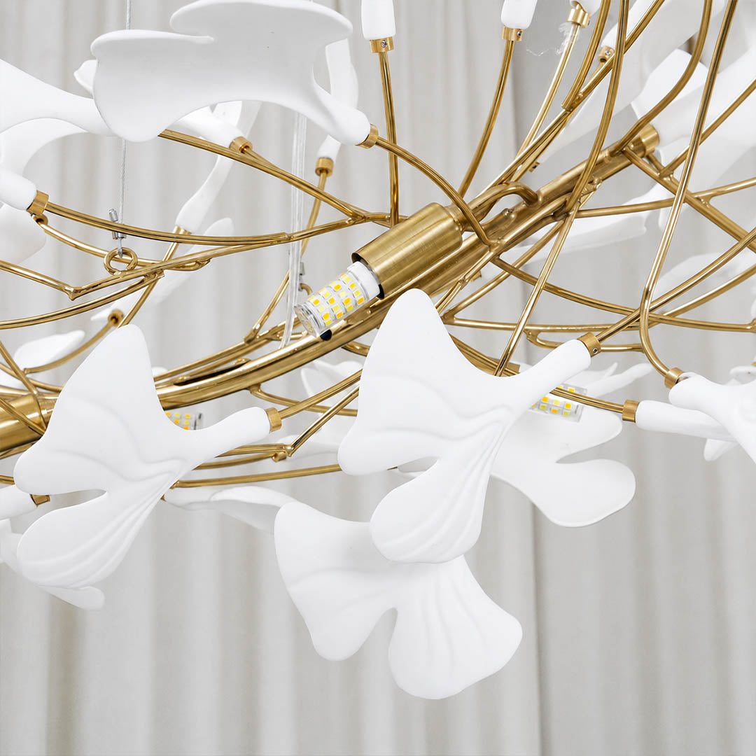 Gingko Chandelier Style A single ceramic hand glazed porcelain ginkgo leaf matte white botanical detail close up craftsmanship handcraft sculpture