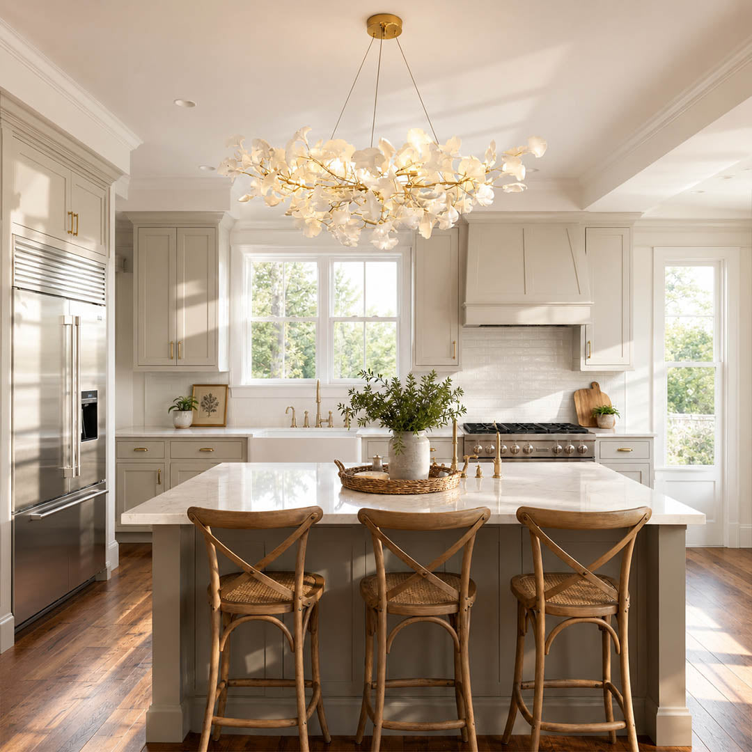 Gingko Chandelier Style A Model A rectangular volume 47.2 inch modern kitchen island marble counter statement mid century warm ambient sculptural botanical lifestyle interior