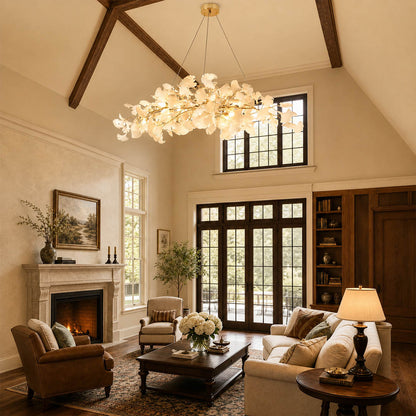 Gingko Chandelier Style A flagship 70.9 inch grand foyer entryway architectural sculptural double height welcome mid century warm ambient botanical hospitality lifestyle interior