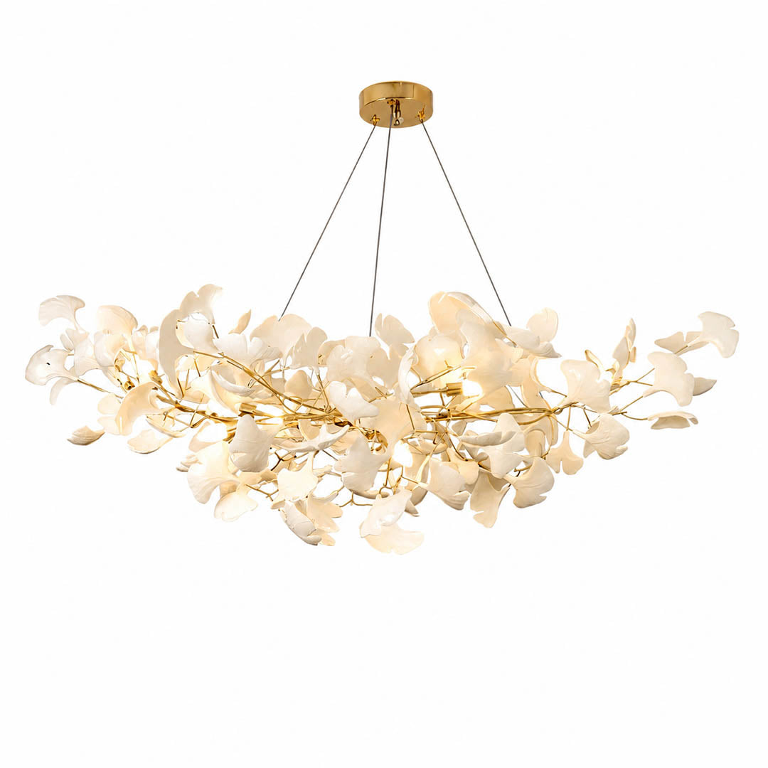 Gingko Chandelier Style A Model A handcrafted porcelain light sculpture 47.2 inch rectangular volume ceramic ginkgo leaves Rose Gold frame 10 G9 sockets modern dining kitchen sculptural statement white background