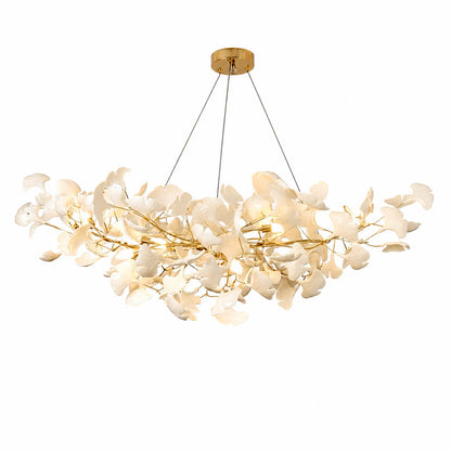 Gingko Chandelier Style A Model A handcrafted porcelain light sculpture 47.2 inch rectangular volume ceramic ginkgo leaves Rose Gold frame 10 G9 sockets modern dining kitchen sculptural statement white background
