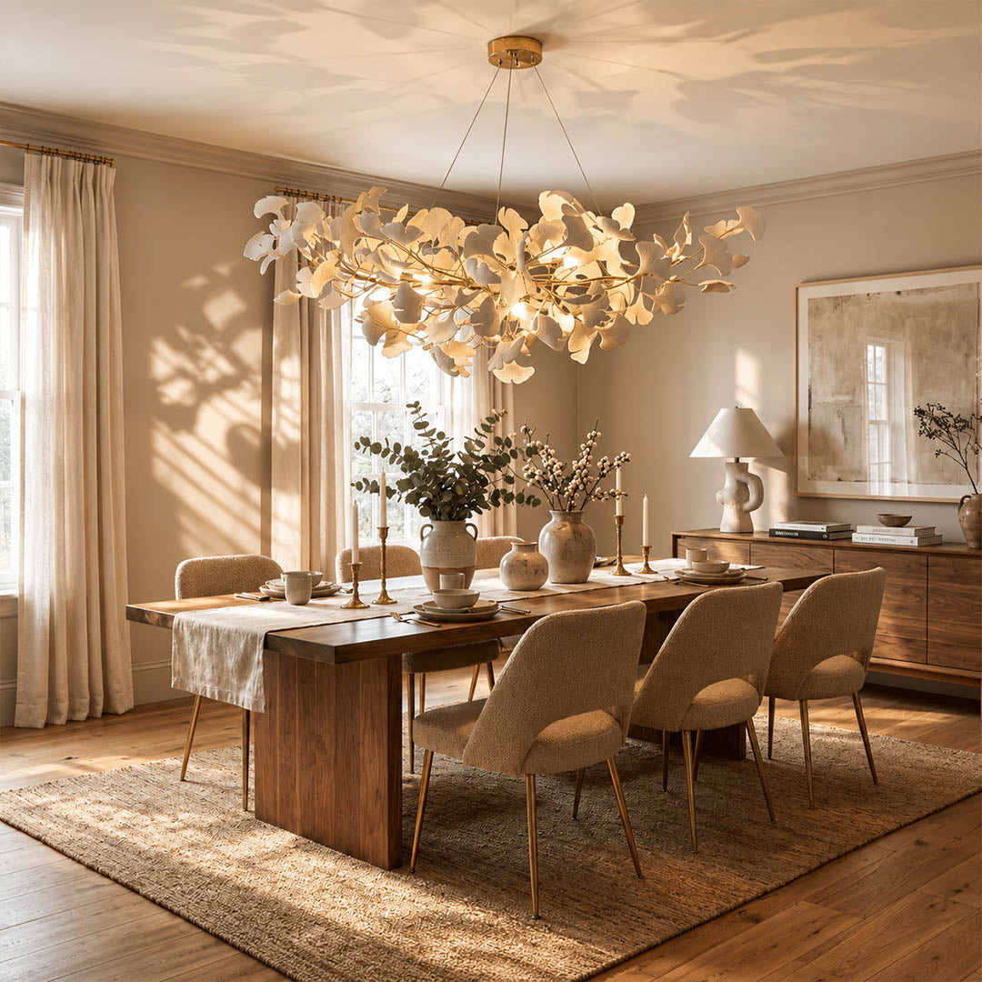 Gingko Chandelier Style A Model A rectangular volume 59 inch modern dining room 10 seat walnut table statement mid century warm ambient sculptural elegant botanical lifestyle interior