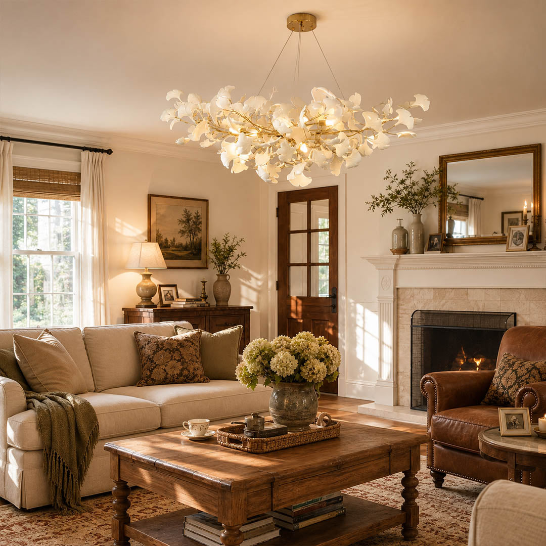 Gingko Chandelier Style A Model B alternative 39.3 inch modern living room seating group statement mid century warm ambient sculptural botanical lifestyle interior