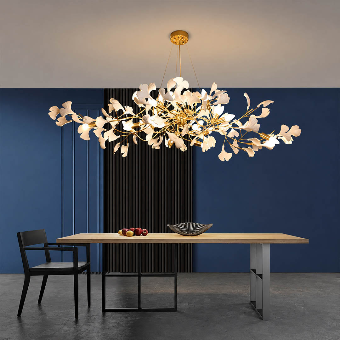 Gingko Chandelier Style A Model A rectangular volume 59 inch modern dining room 10 seat walnut table statement mid century warm ambient sculptural elegant botanical lifestyle interior