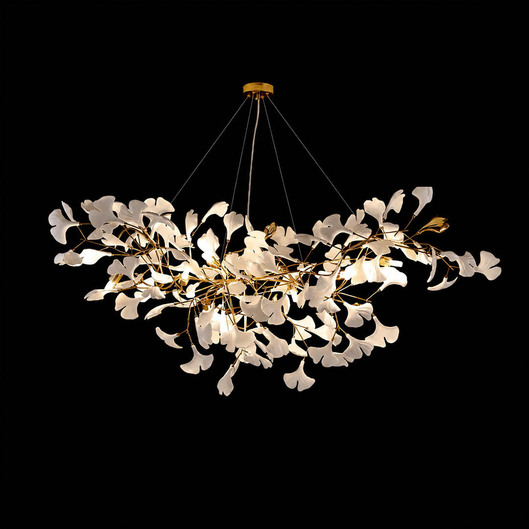 Gingko Chandelier Style A flagship 70.9 inch rectangular volume dimensional three dimensional sculptural presence porcelain ceramic ginkgo leaves detail close up commercial hospitality register