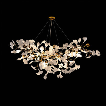 Gingko Chandelier Style A flagship 70.9 inch rectangular volume dimensional three dimensional sculptural presence porcelain ceramic ginkgo leaves detail close up commercial hospitality register