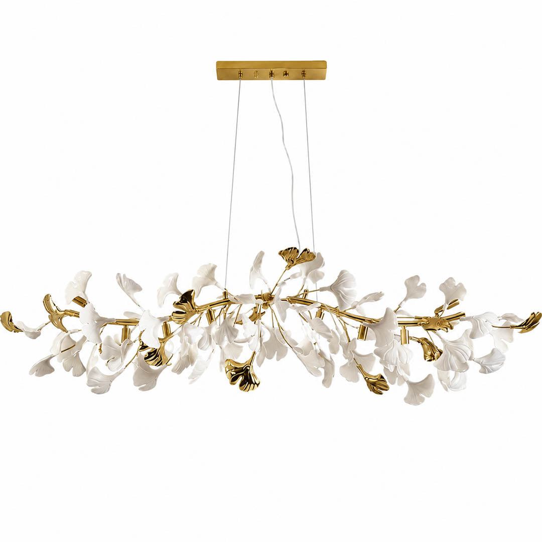 Gingko Chandelier Style B Model C uniform height linear 23.6 inch handcrafted porcelain ginkgo leaves Rose Gold frame ceramic 6 G9 sockets modern small dining nook bedroom powder room white background