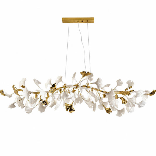 Gingko Chandelier Style B Model C uniform height linear 23.6 inch handcrafted porcelain ginkgo leaves Rose Gold frame ceramic 6 G9 sockets modern small dining nook bedroom powder room white background