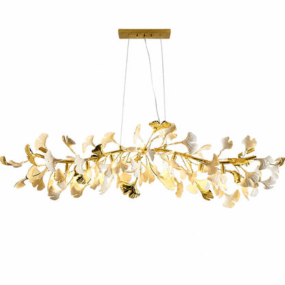 Gingko Chandelier Style B Model C uniform height linear 39.3 inch handcrafted porcelain ginkgo leaves Rose Gold frame ceramic 10 G9 sockets modern statement dining kitchen bedroom white background
