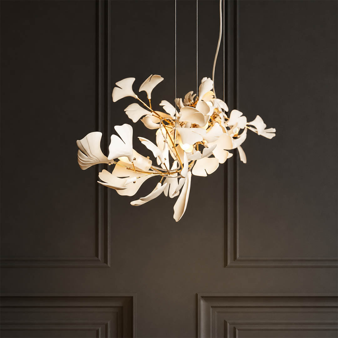 Gingko Chandelier Style B Rose Gold metal branch structure polished sophisticated warm pink gold finish adjustable bendable detail close up architectural