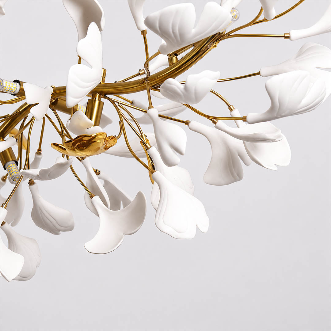 Gingko Chandelier Style B single ceramic hand glazed porcelain ginkgo leaf matte white botanical detail close up craftsmanship handcraft