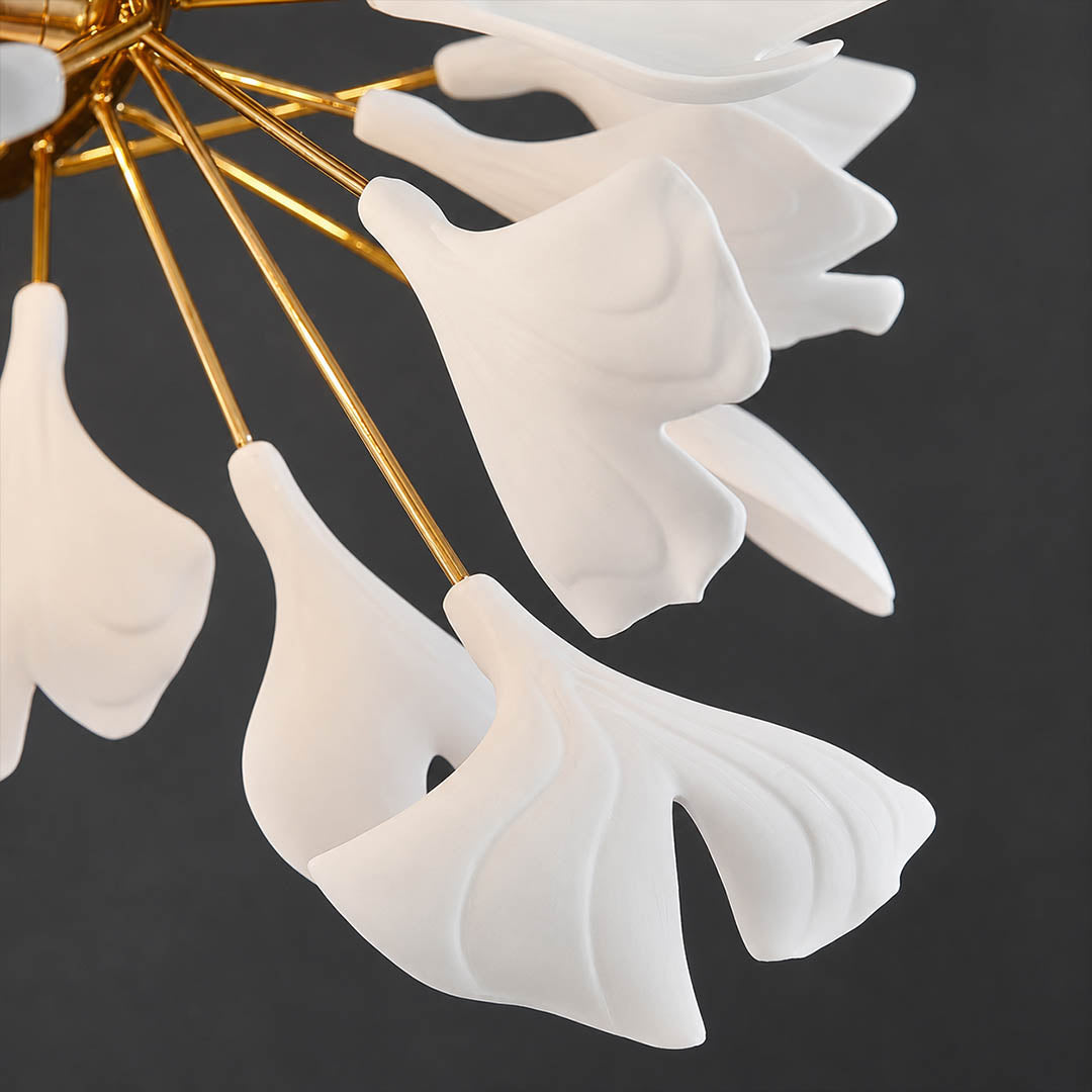 Gingko Chandelier Style B single ceramic hand glazed porcelain ginkgo leaf matte white botanical detail close up craftsmanship handcraft
