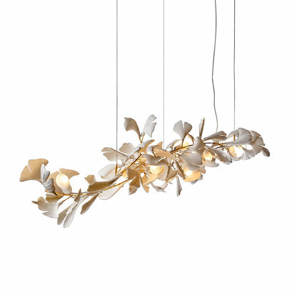 Gingko Chandelier Style B Model B ultra narrow flat linear 39.4 inch handcrafted porcelain ginkgo leaves Rose Gold frame ceramic 4 G9 sockets modern compact dining kitchen bar counter white background