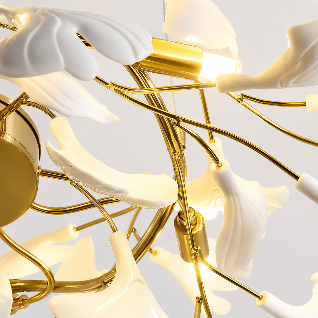 Gingko Chandelier Style B single ceramic hand glazed porcelain ginkgo leaf matte white botanical detail close up craftsmanship handcraft