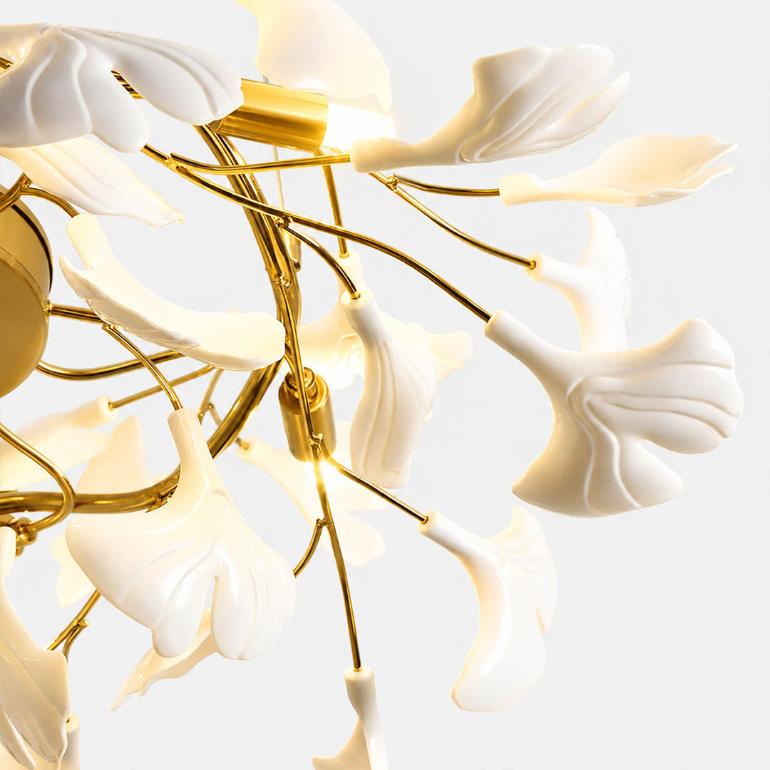 Gingko Chandelier Style B single ceramic hand glazed porcelain ginkgo leaf matte white botanical detail close up craftsmanship handcraft