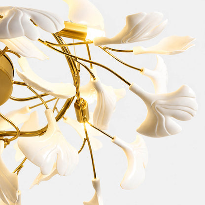 Gingko Chandelier Style B single ceramic hand glazed porcelain ginkgo leaf matte white botanical detail close up craftsmanship handcraft