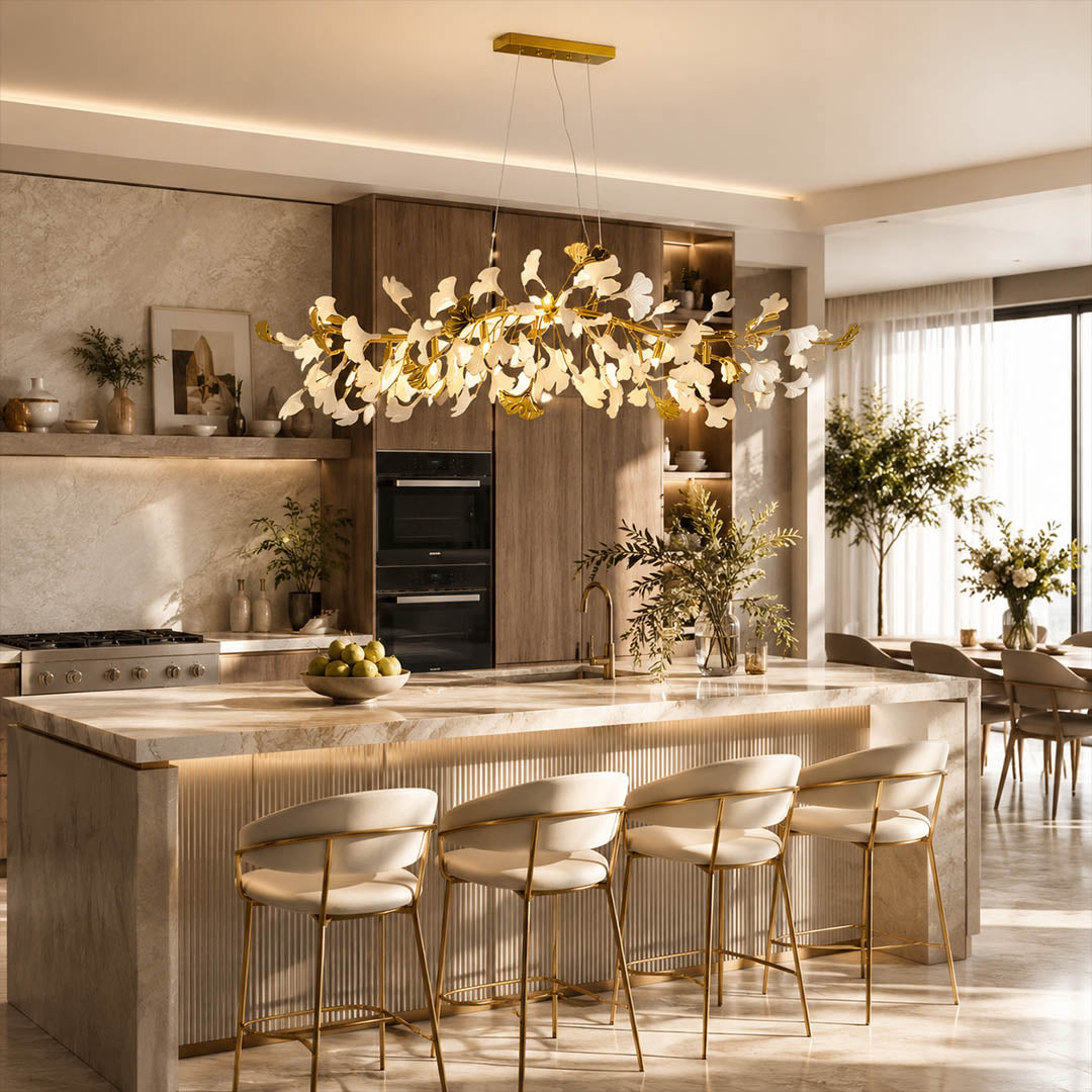 Gingko Chandelier Style B Model A adjustable linear 39.4 inch modern kitchen island marble counter statement mid century warm ambient sculptural bendable branches botanical lifestyle interior