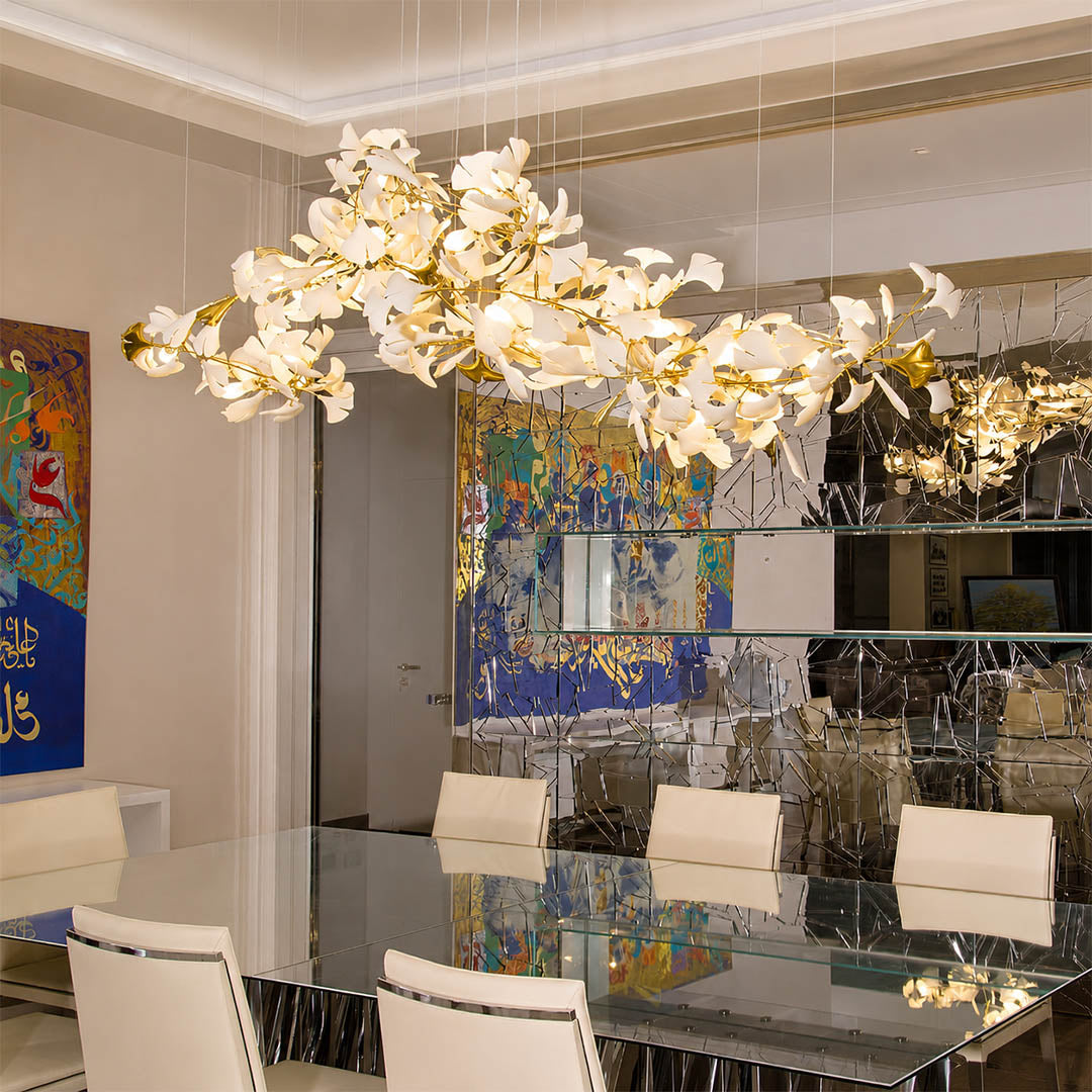 Gingko Chandelier Style B Model A adjustable linear 47.2 inch modern dining room 8 seat walnut table statement mid century warm ambient sculptural bendable branches botanical elegant lifestyle interior