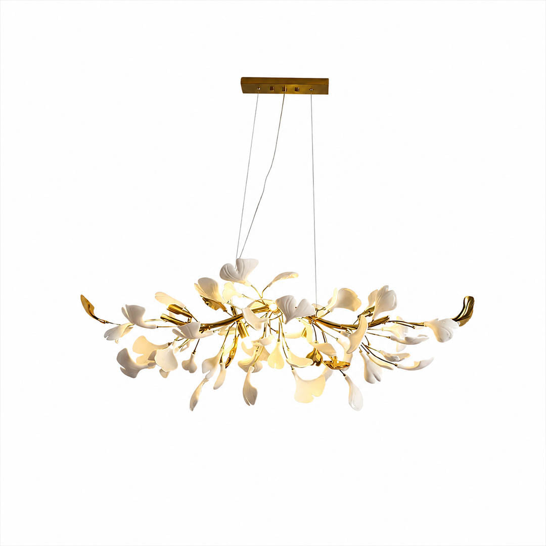 Gingko Chandelier Style B Model C uniform height linear 23.6 inch handcrafted porcelain ginkgo leaves Rose Gold frame ceramic 6 G9 sockets modern small dining nook bedroom powder room white background