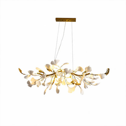 Gingko Chandelier Style B Model C uniform height linear 23.6 inch handcrafted porcelain ginkgo leaves Rose Gold frame ceramic 6 G9 sockets modern small dining nook bedroom powder room white background